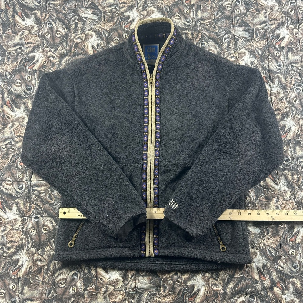 Vintage 90s Alf Men's Black Fleece Deep puke Jacket with Patterned Trim